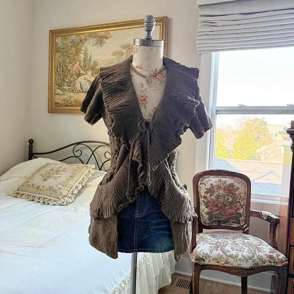 Y2K brown ruffle knit cardigan Sanjoy size large - Picture 2 of 4